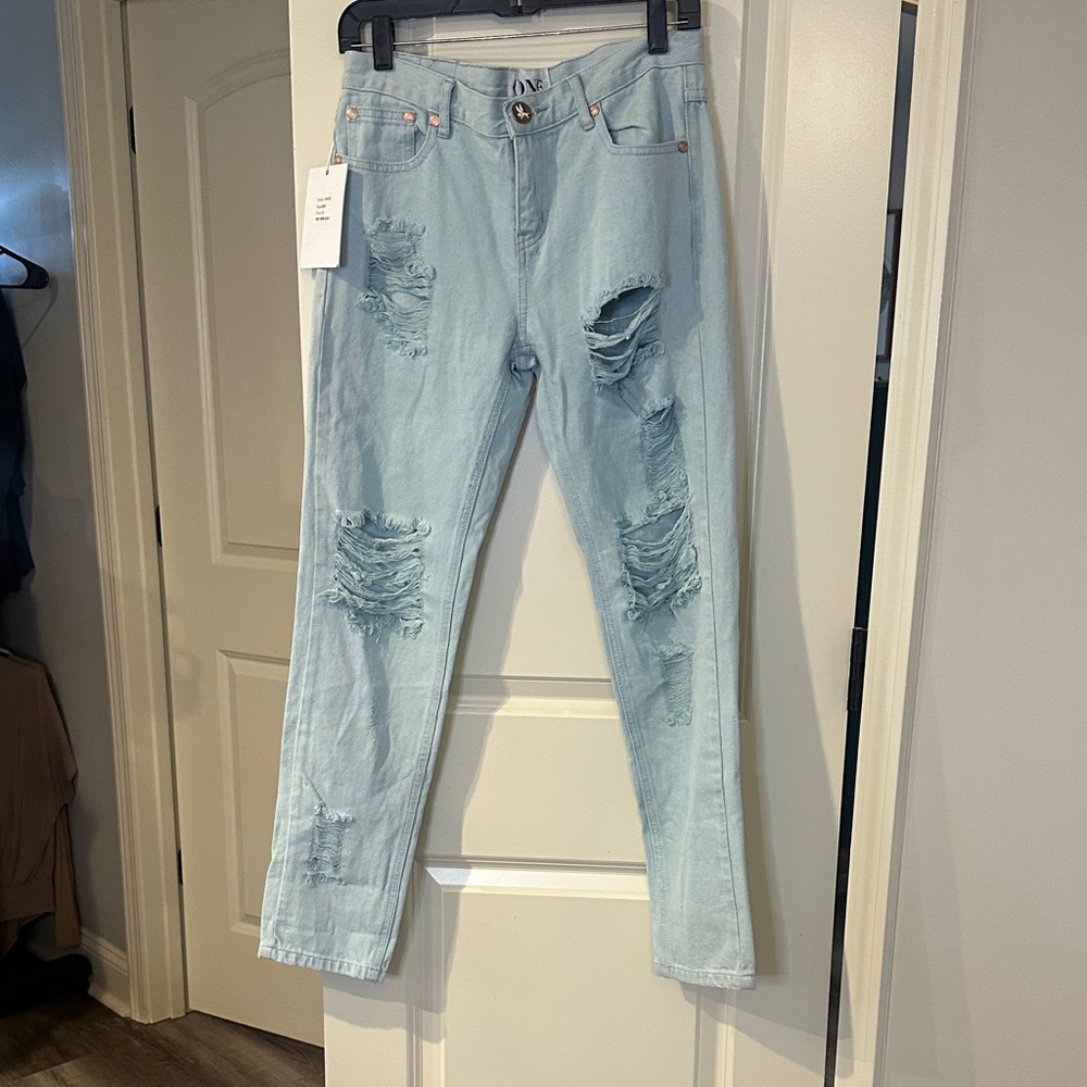 One Teaspoon Light Blue Distressed Straight Leg Jeans